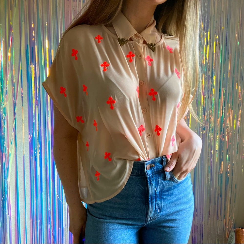 Love Culture • Sheer Unique Embellishment Collar Neon Crosses Blouse